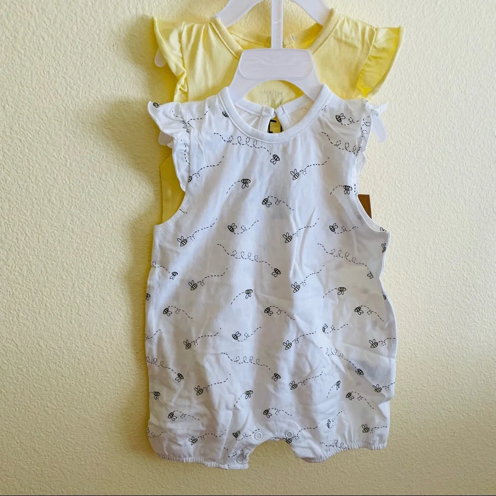 Rae Dunn Baby Girl Newborn Bee Happy Rompers Set 6-9M